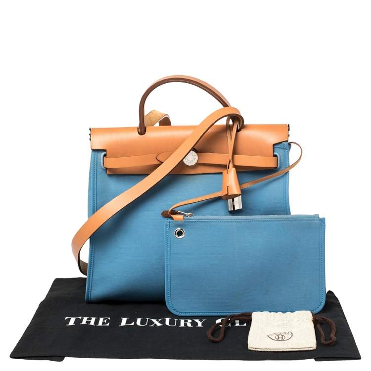 Pre Owned Hermes Natural/Blue Agate Canvas and Leather Herbag Zip 31 Bag