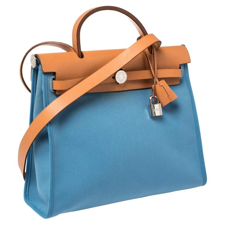 Pre Owned Hermes Natural/Blue Agate Canvas and Leather Herbag Zip 31 Bag