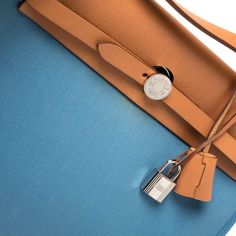 Pre Owned Hermes Natural/Blue Agate Canvas and Leather Herbag Zip 31 Bag