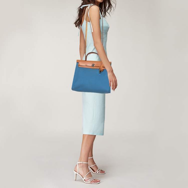 Pre Owned Hermes Natural/Blue Agate Canvas and Leather Herbag Zip 31 Bag