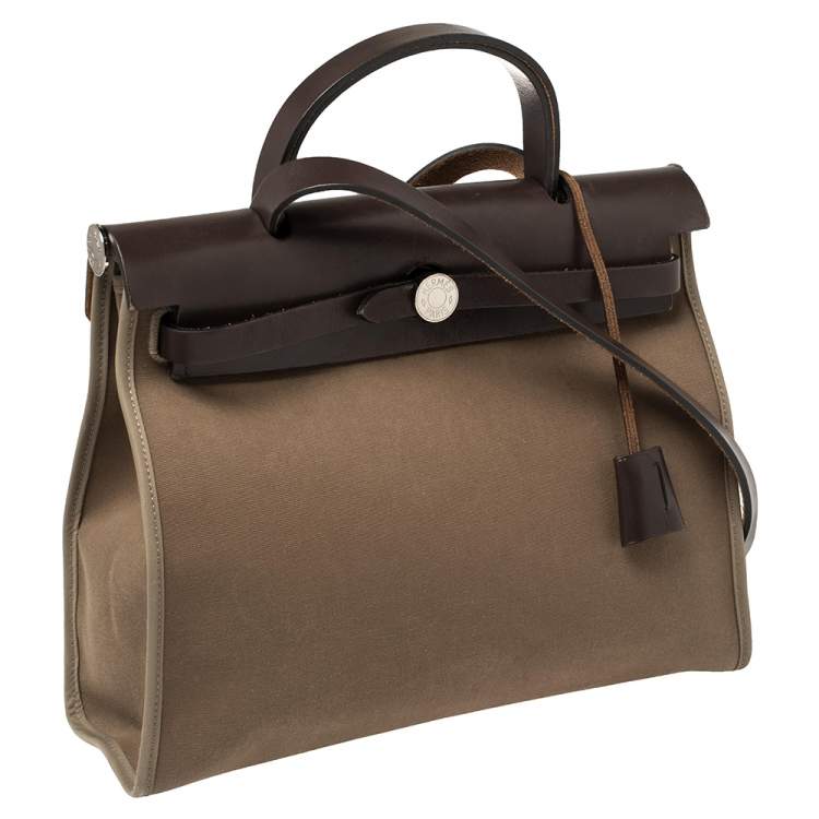Pre Owned Hermes Ebene/Etoupe Canvas and Leather Herbag Zip 31 Bag