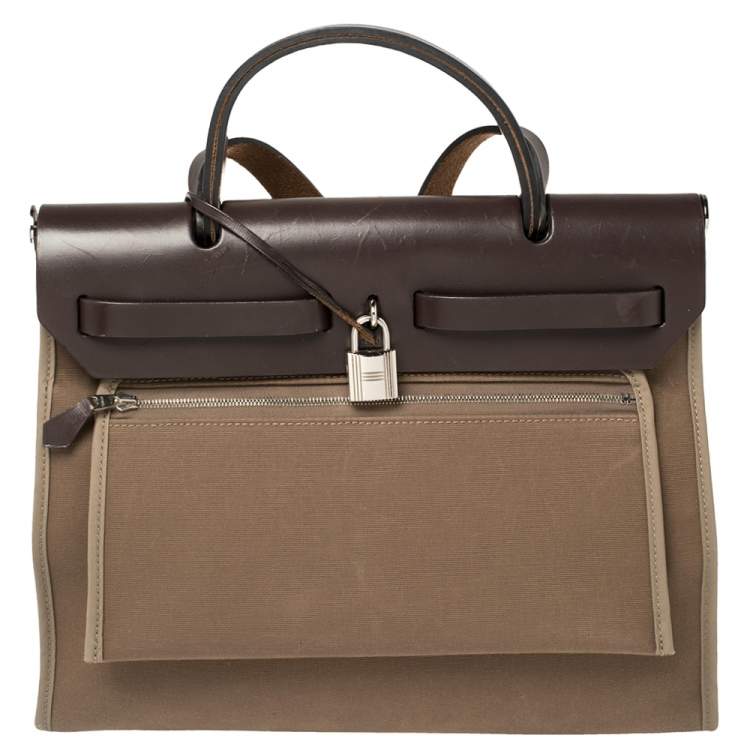 Pre Owned Hermes Ebene/Etoupe Canvas and Leather Herbag Zip 31 Bag