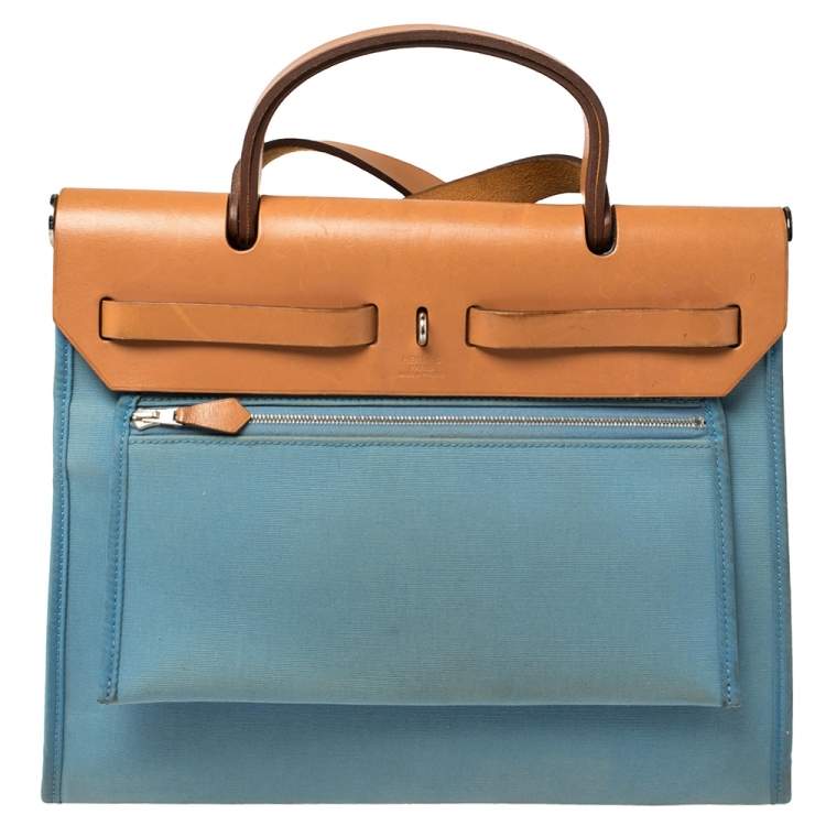 Pre Owned Hermes Natural/Blue Lin Canvas and Leather Herbag Zip 31 Bag