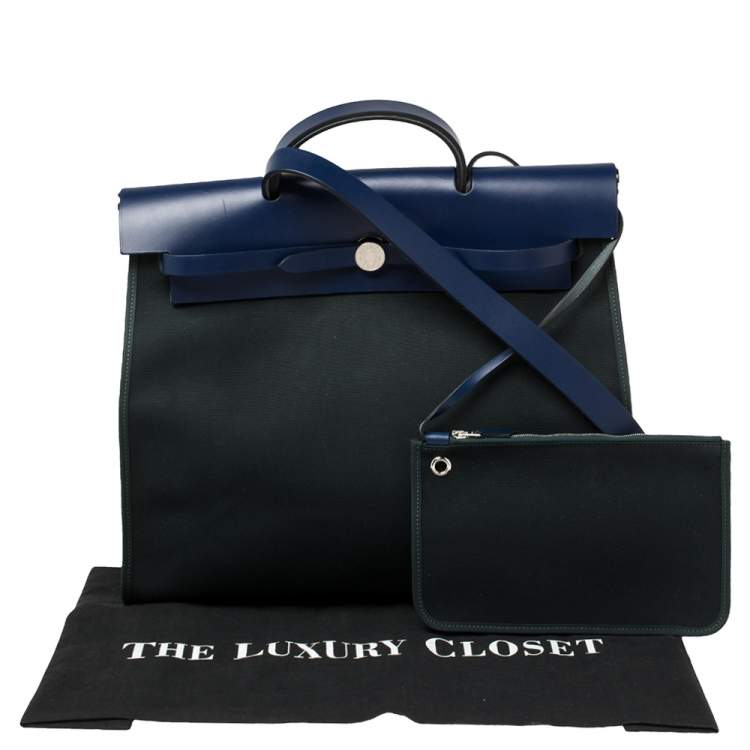 Pre Owned Hermes Bleu Saphir/Vert Cypres Canvas and Leather Herbag Zip 39 Bag