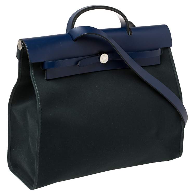 Pre Owned Hermes Bleu Saphir/Vert Cypres Canvas and Leather Herbag Zip 39 Bag