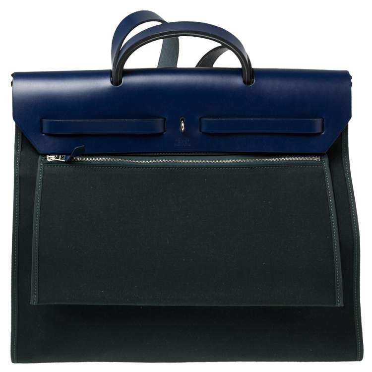 Pre Owned Hermes Bleu Saphir/Vert Cypres Canvas and Leather Herbag Zip 39 Bag