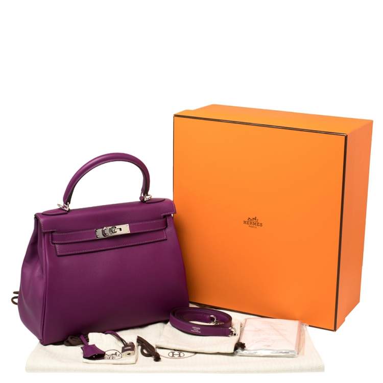 Pre Owned Hermes Anemone Evercolor Leather Palladium Hardware Kelly Retourne 28 Bag