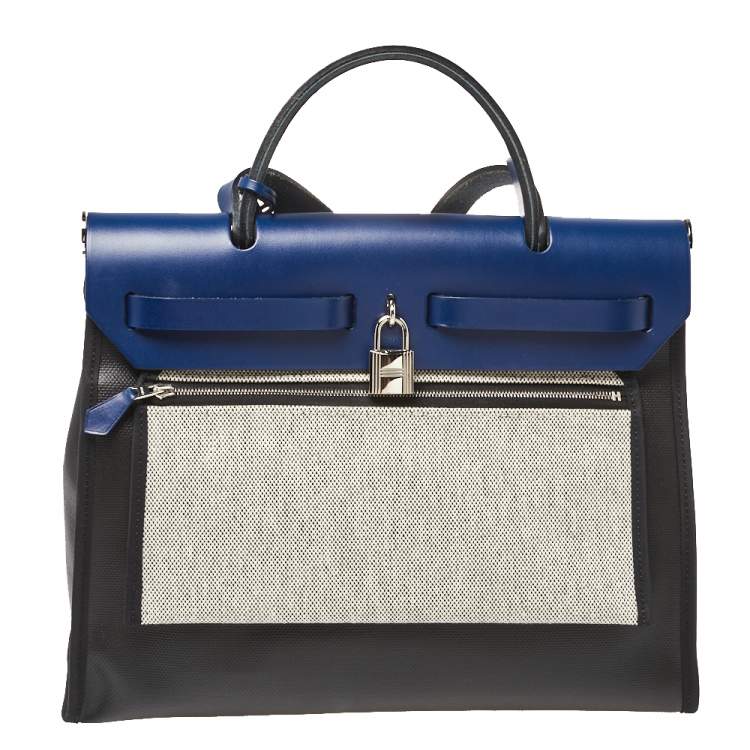 Pre Owned Hermes Black/Blue Sapphire Coated Canvas and Leather Limited Edition Herbag Zip 31 Bag