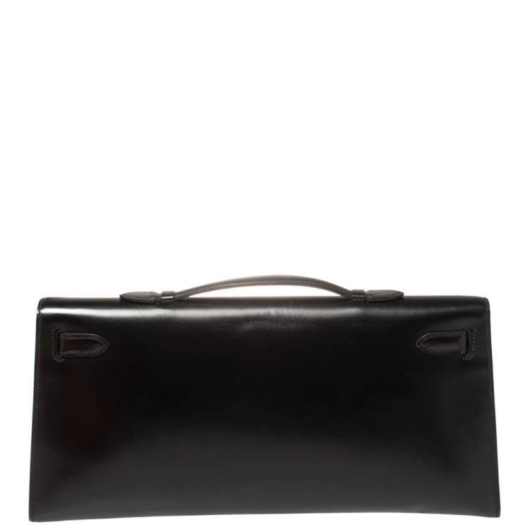 Pre Owned Hermes Black Box Calf Leather Palladium Hardware Kelly Longue Clutch 34