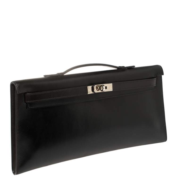 Pre Owned Hermes Black Box Calf Leather Palladium Hardware Kelly Longue Clutch 34