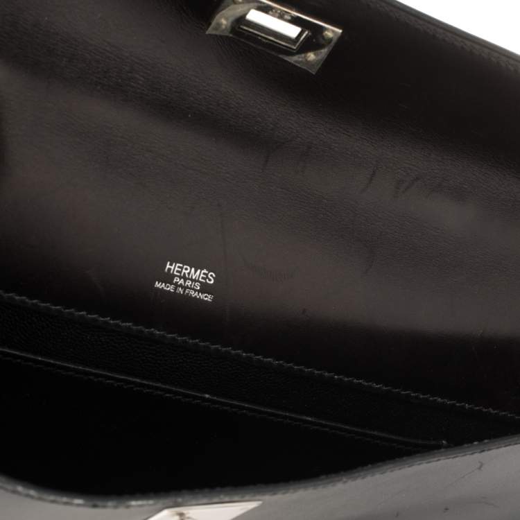 Pre Owned Hermes Black Box Calf Leather Palladium Hardware Kelly Longue Clutch 34