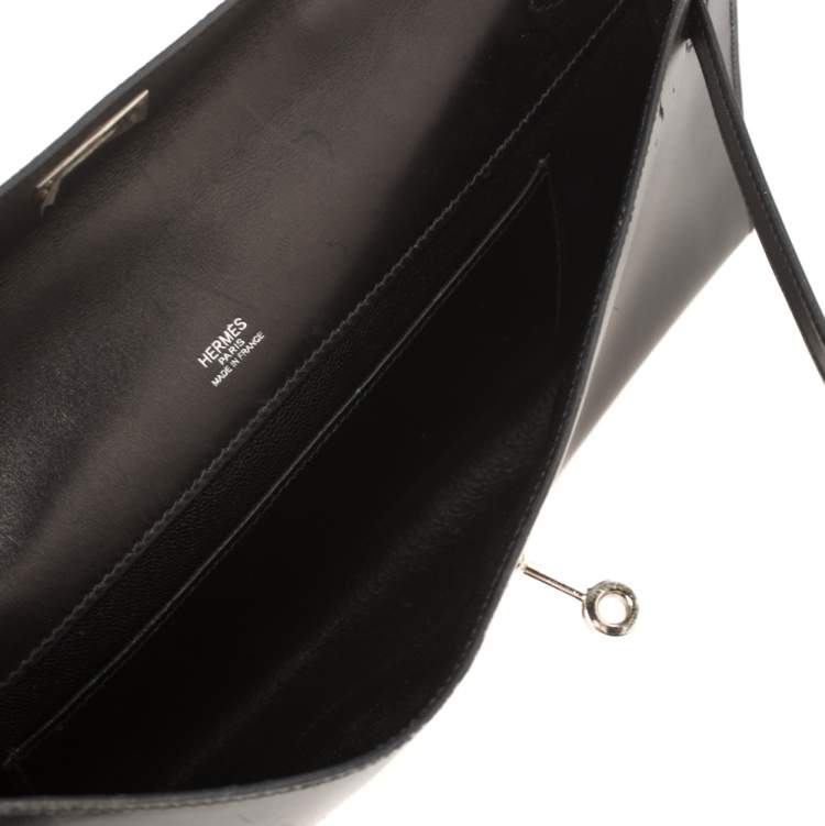 Pre Owned Hermes Black Box Calf Leather Palladium Hardware Kelly Longue Clutch 34