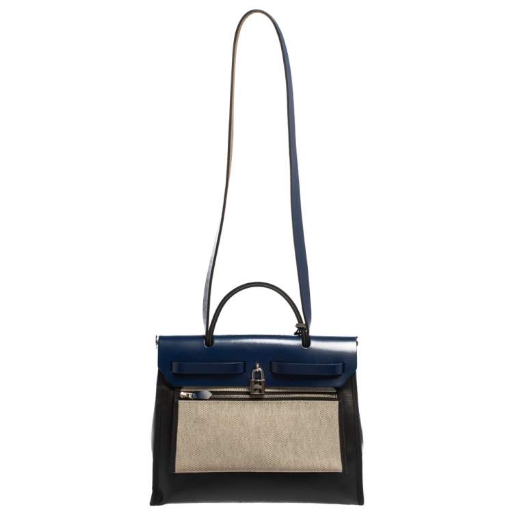 Pre Owned Hermes Black/Blue Sapphire Coated Canvas and Leather Limited Edition Herbag Zip 31 Bag