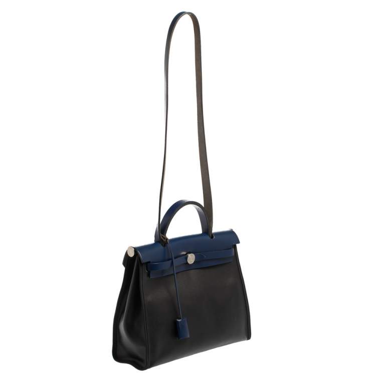 Pre Owned Hermes Black/Blue Sapphire Coated Canvas and Leather Limited Edition Herbag Zip 31 Bag