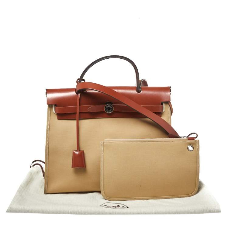 Pre Owned Hermes Toile Trench Vache Hunter Leather Herbag Zip 31 Bag