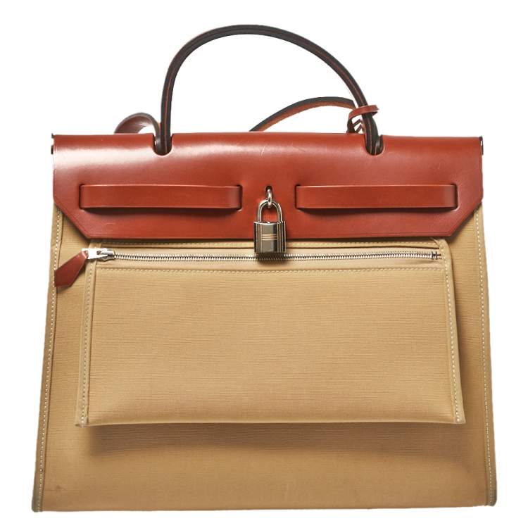 Pre Owned Hermes Toile Trench Vache Hunter Leather Herbag Zip 31 Bag