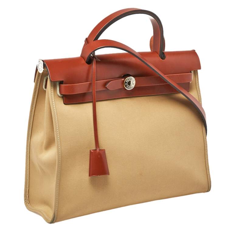 Pre Owned Hermes Toile Trench Vache Hunter Leather Herbag Zip 31 Bag