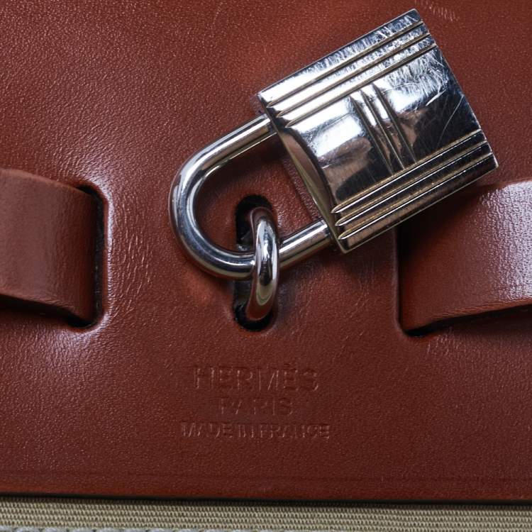 Pre Owned Hermes Toile Trench Vache Hunter Leather Herbag Zip 31 Bag
