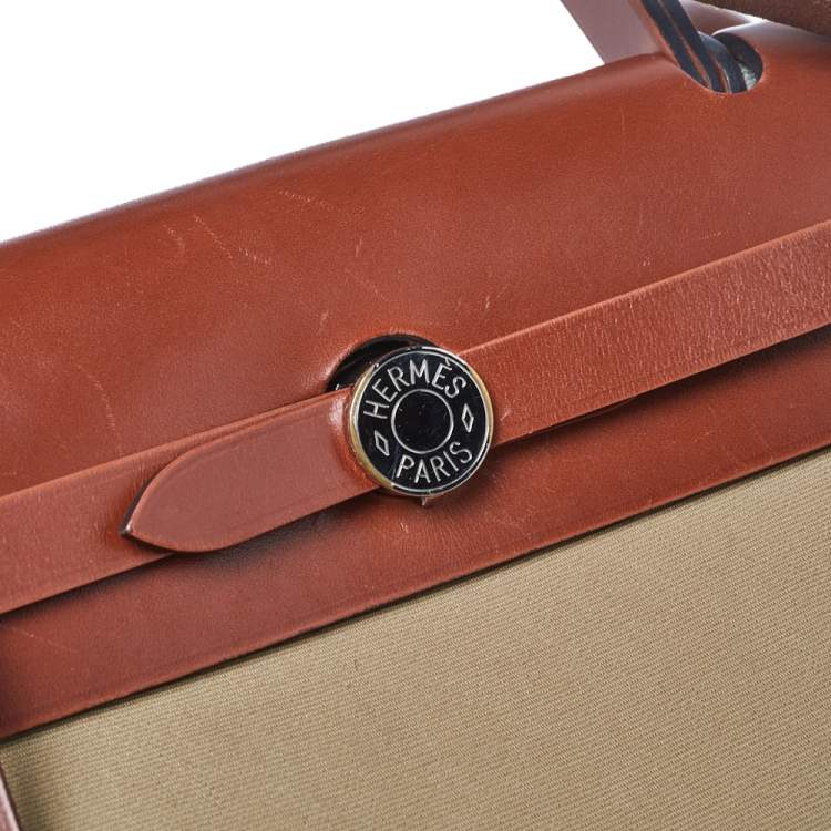 Pre Owned Hermes Toile Trench Vache Hunter Leather Herbag Zip 31 Bag