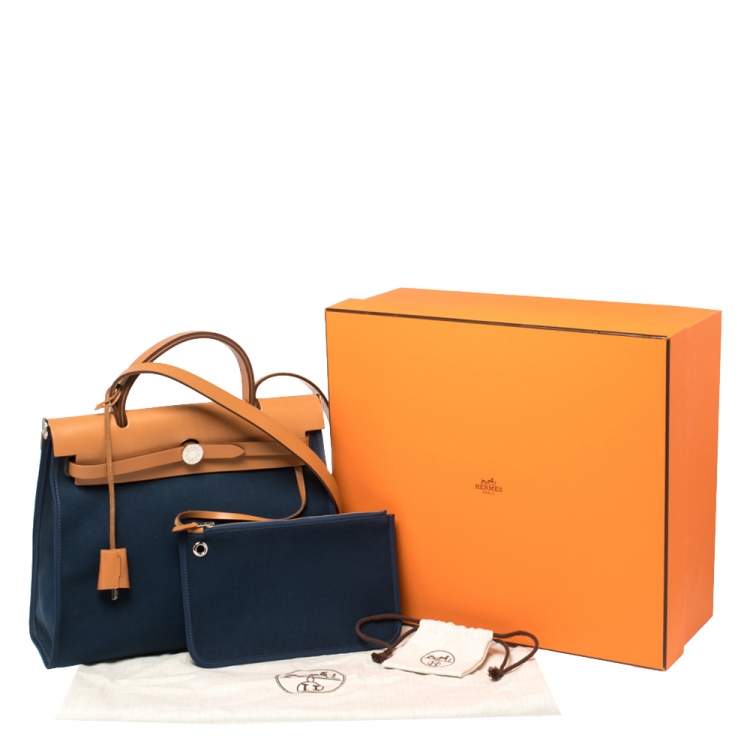 Pre Owned Hermes Bleu De Malte/Natural Canvas And Leather Herbag Zip 31 Bag