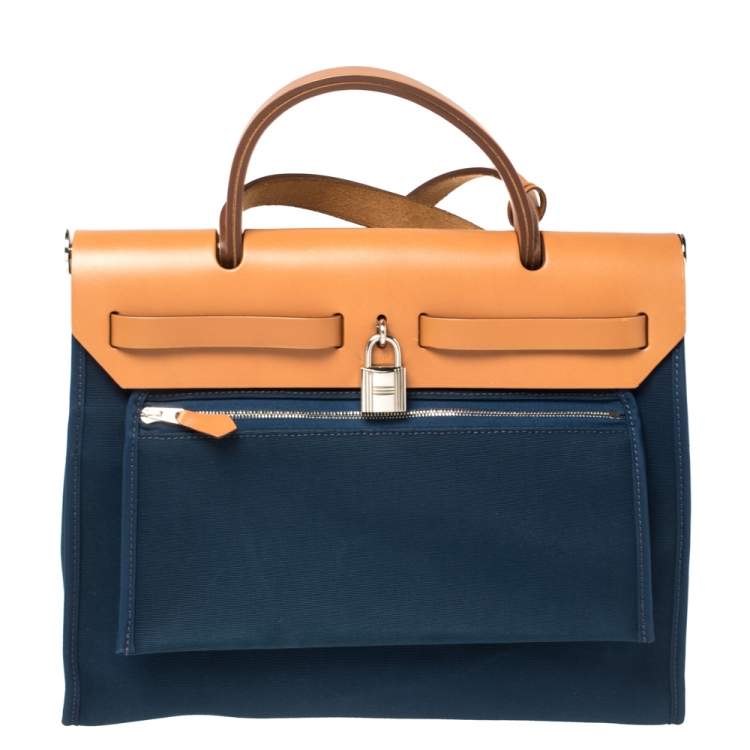 Pre Owned Hermes Bleu De Malte/Natural Canvas And Leather Herbag Zip 31 Bag