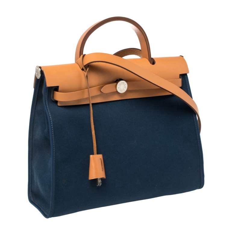 Pre Owned Hermes Bleu De Malte/Natural Canvas And Leather Herbag Zip 31 Bag