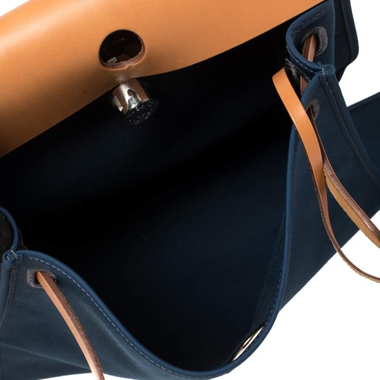 Pre Owned Hermes Bleu De Malte/Natural Canvas And Leather Herbag Zip 31 Bag