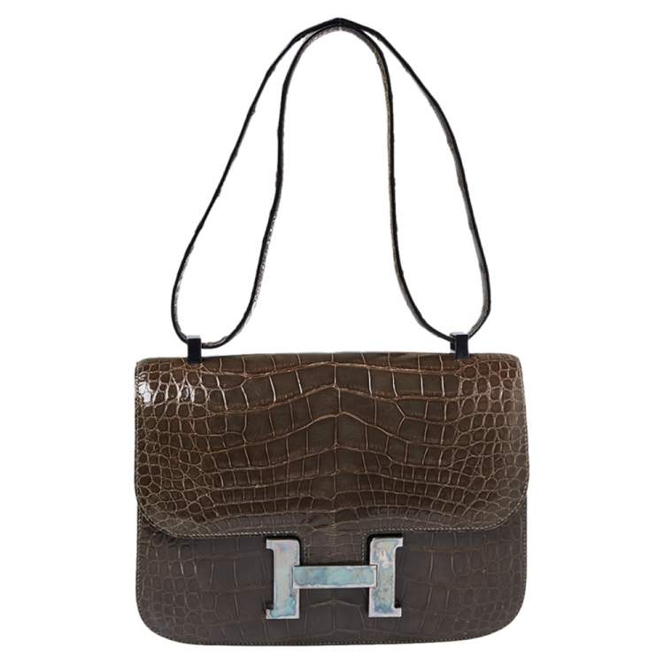 Hermes Womens Alligator Skin Constance 24 Shoulder Handbag Brown