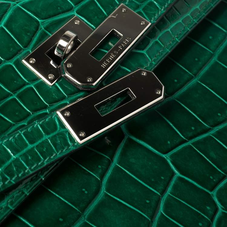 Pre Owned Hermès Vert Emerald Shine Crocodile Porosus Palladium Finished Kelly Sellier 35 Bag