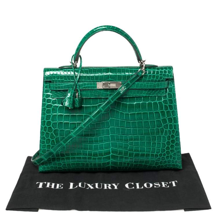Pre Owned Hermès Vert Emerald Shine Crocodile Porosus Palladium Finished Kelly Sellier 35 Bag