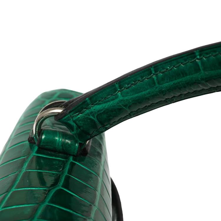 Pre Owned Hermès Vert Emerald Shine Crocodile Porosus Palladium Finished Kelly Sellier 35 Bag