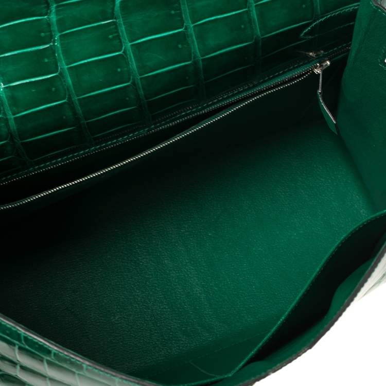 Pre Owned Hermès Vert Emerald Shine Crocodile Porosus Palladium Finished Kelly Sellier 35 Bag