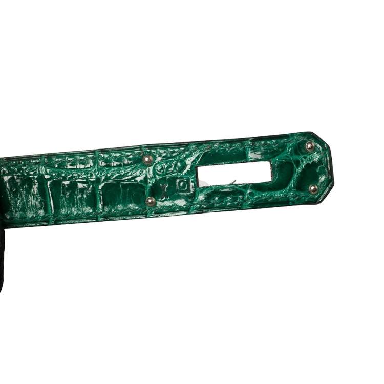 Pre Owned Hermès Vert Emerald Shine Crocodile Porosus Palladium Finished Kelly Sellier 35 Bag