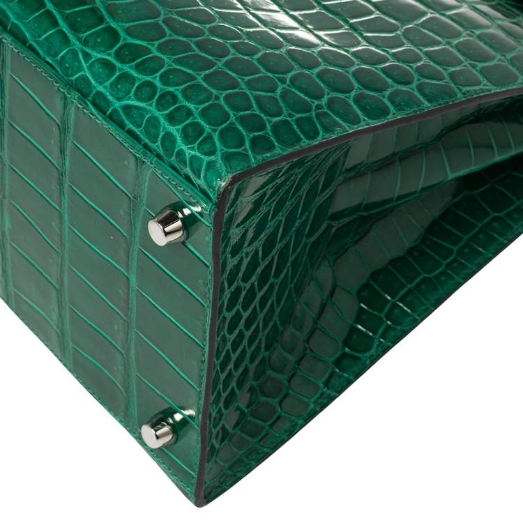 Pre Owned Hermès Vert Emerald Shine Crocodile Porosus Palladium Finished Kelly Sellier 35 Bag
