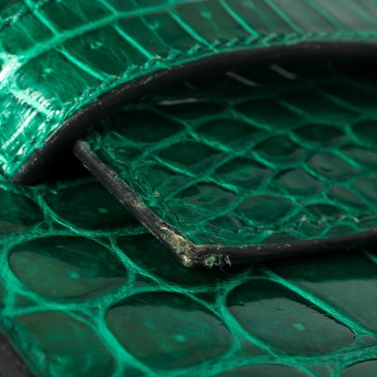 Pre Owned Hermès Vert Emerald Shine Crocodile Porosus Palladium Finished Kelly Sellier 35 Bag