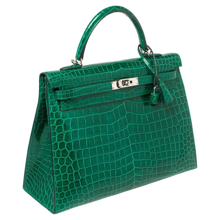 Pre Owned Hermès Vert Emerald Shine Crocodile Porosus Palladium Finished Kelly Sellier 35 Bag