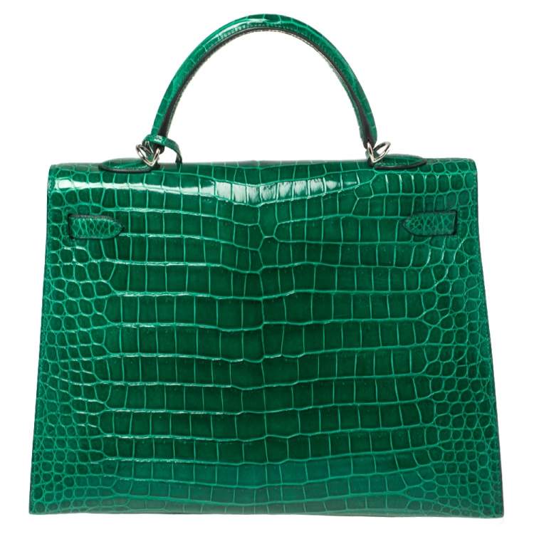 Pre Owned Hermès Vert Emerald Shine Crocodile Porosus Palladium Finished Kelly Sellier 35 Bag