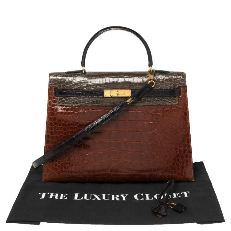 Pre Owned Hermès Tri Color Shine Alligator Gold Finished Kelly Sellier 35 Bag