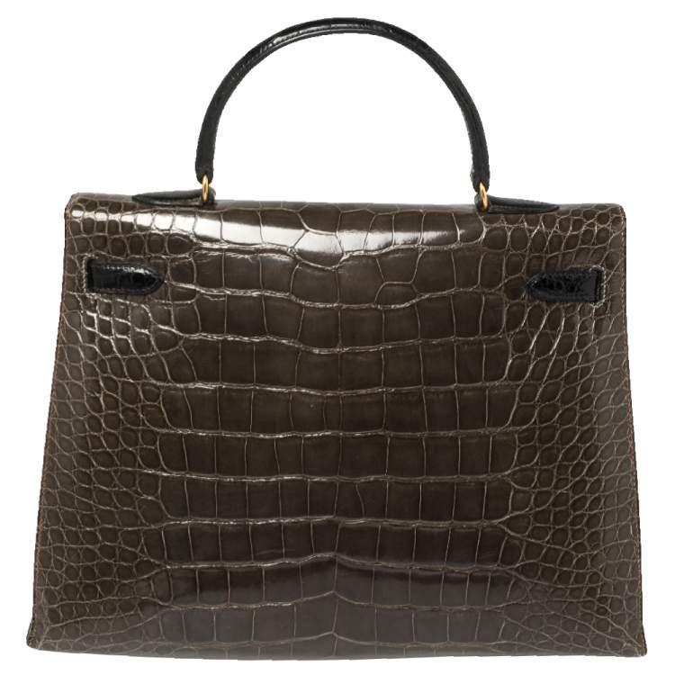 Pre Owned Hermès Tri Color Shine Alligator Gold Finished Kelly Sellier 35 Bag