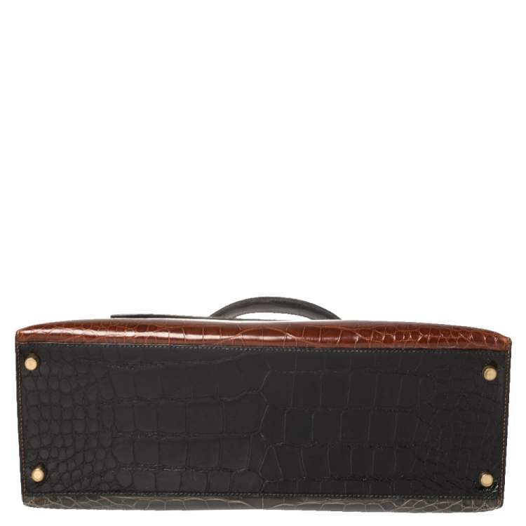 Pre Owned Hermès Tri Color Shine Alligator Gold Finished Kelly Sellier 35 Bag