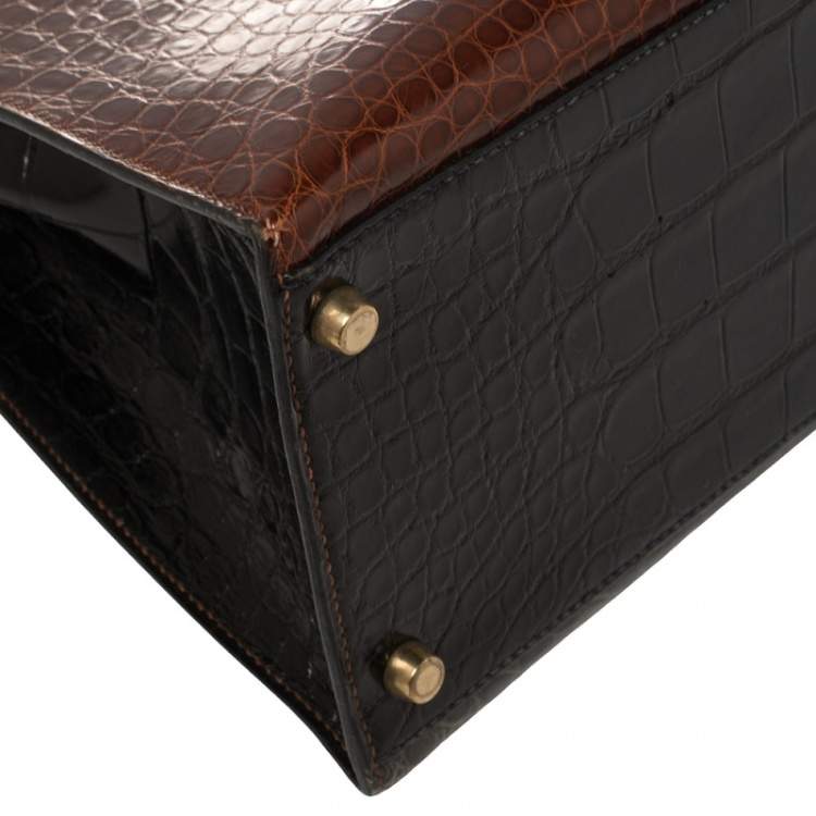 Pre Owned Hermès Tri Color Shine Alligator Gold Finished Kelly Sellier 35 Bag