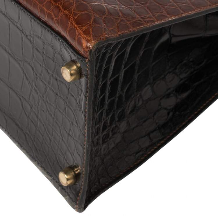 Pre Owned Hermès Tri Color Shine Alligator Gold Finished Kelly Sellier 35 Bag