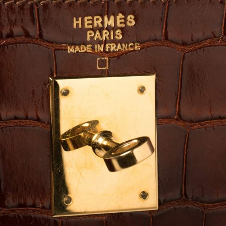 Pre Owned Hermès Tri Color Shine Alligator Gold Finished Kelly Sellier 35 Bag