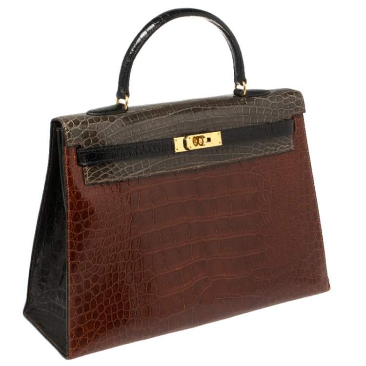Pre Owned Hermès Tri Color Shine Alligator Gold Finished Kelly Sellier 35 Bag