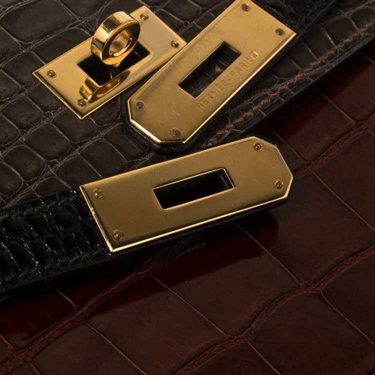 Pre Owned Hermès Tri Color Shine Alligator Gold Finished Kelly Sellier 35 Bag