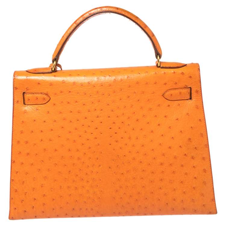 Pre Owned Hermes Orange Ostrich Gold Finished Kelly Sellier 32 Bag