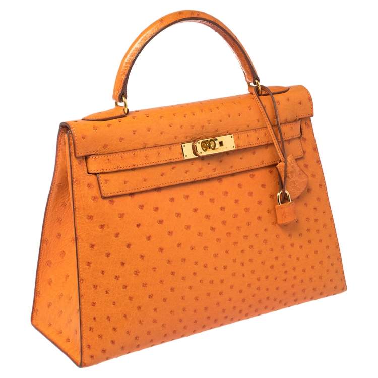 Pre Owned Hermes Orange Ostrich Gold Finished Kelly Sellier 32 Bag
