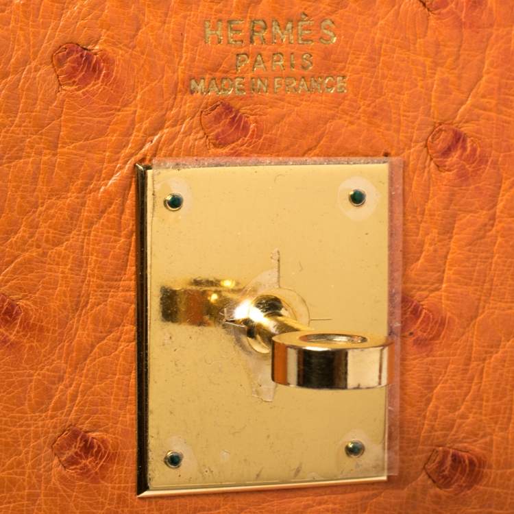 Pre Owned Hermes Orange Ostrich Gold Finished Kelly Sellier 32 Bag