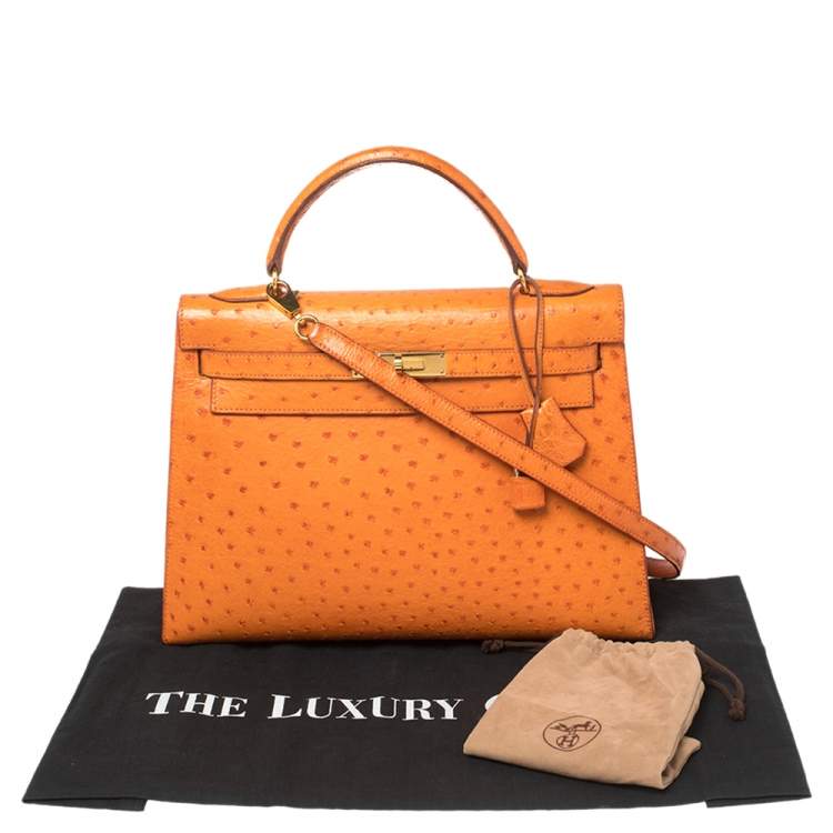 Pre Owned Hermes Orange Ostrich Gold Finished Kelly Sellier 32 Bag