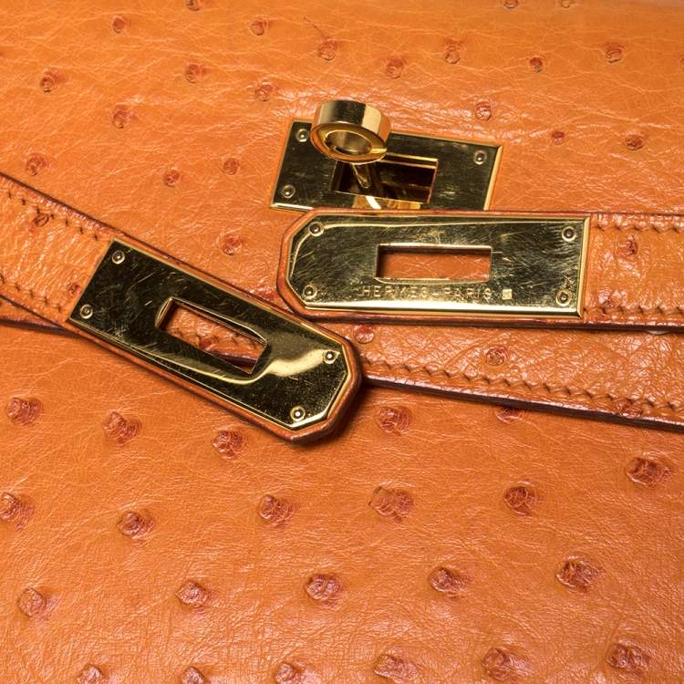 Pre Owned Hermes Orange Ostrich Gold Finished Kelly Sellier 32 Bag